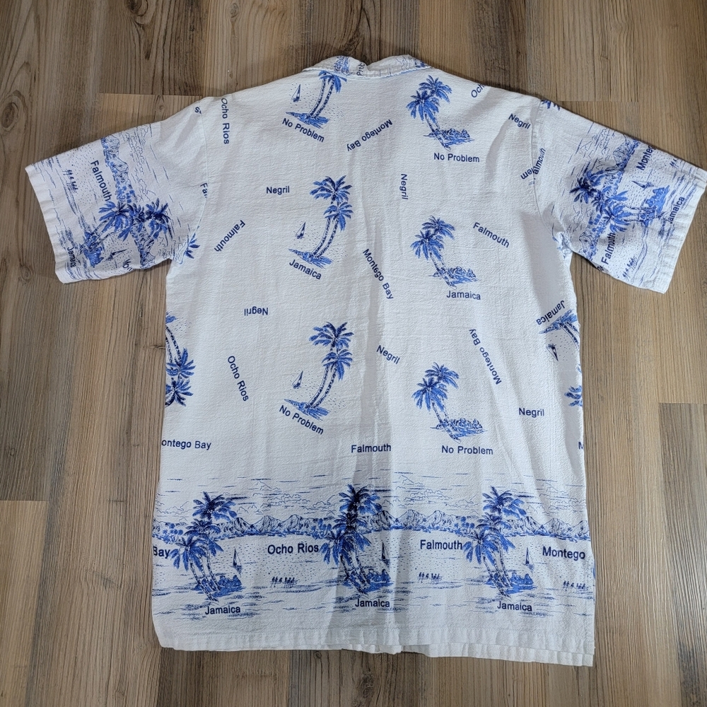 Vintage 100% cotton Hawaiian shirt L White Blue  Coj Apparels Bahamas Palm Tree - Picture 3 of 4